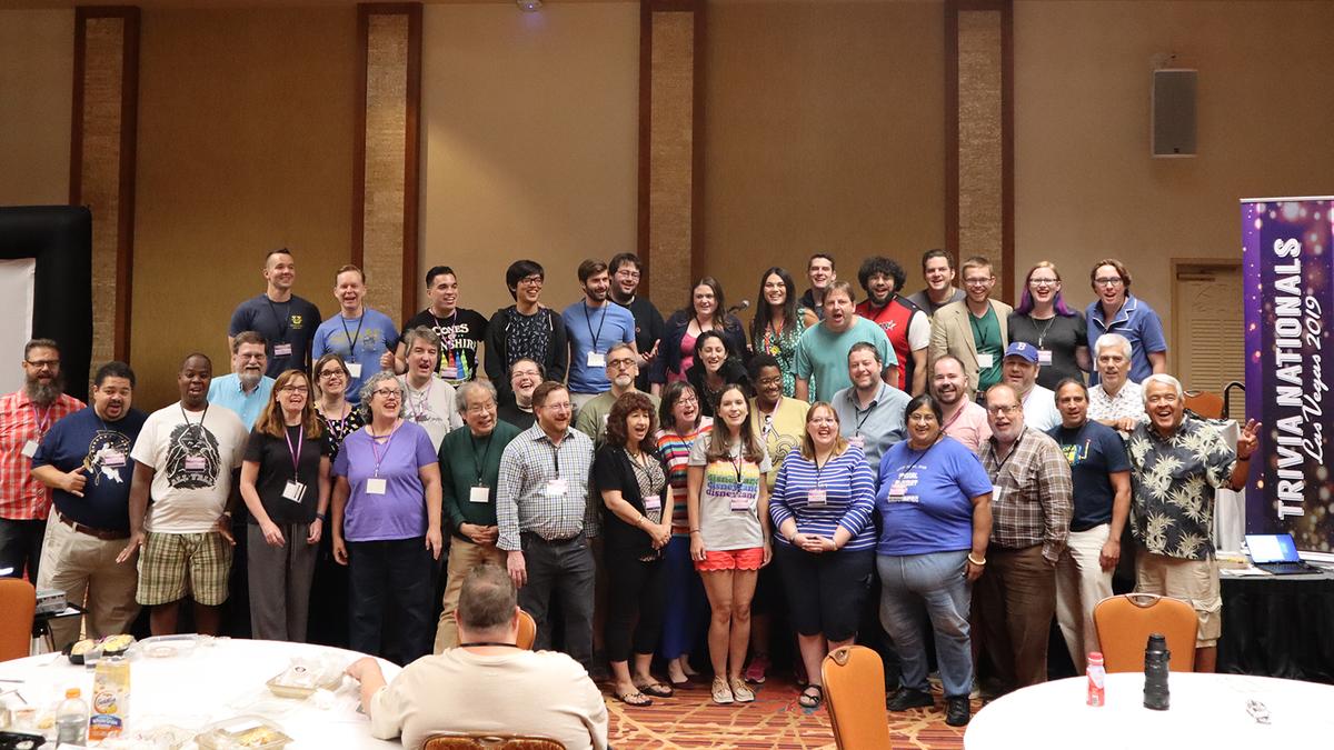 All Jeopardy! alumni gather for a group photo after our panel.