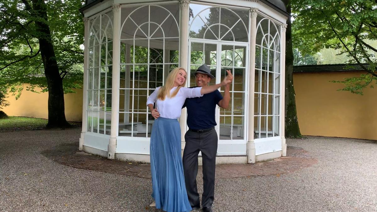 Sarah and Jimmy dancing in front of gazebo 