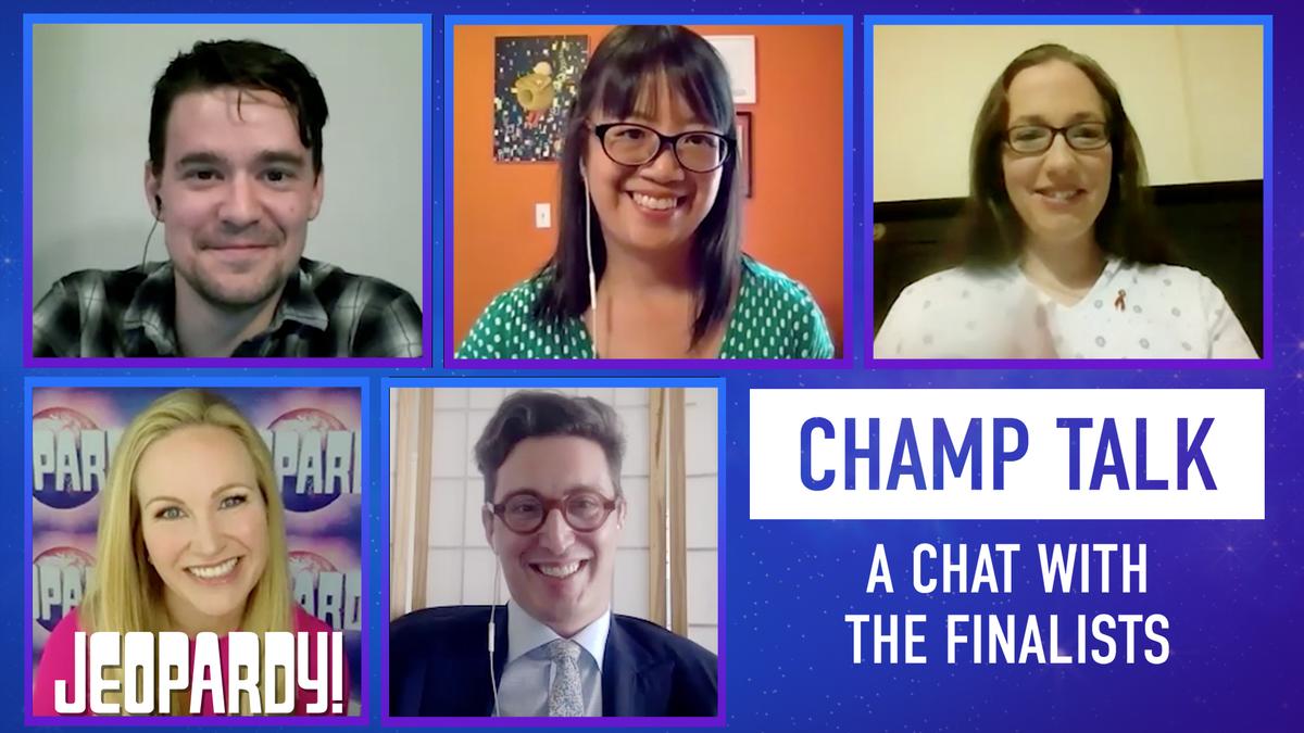 A screenshot of Buzzy Cohen, Veronica Vichit-Vadakan, Jennifer Quail, Sam Kavanaugh, Sarah Whitcomb Foss on Zoom with text that reads, "Champ Talk: A Chat With the Finalists"