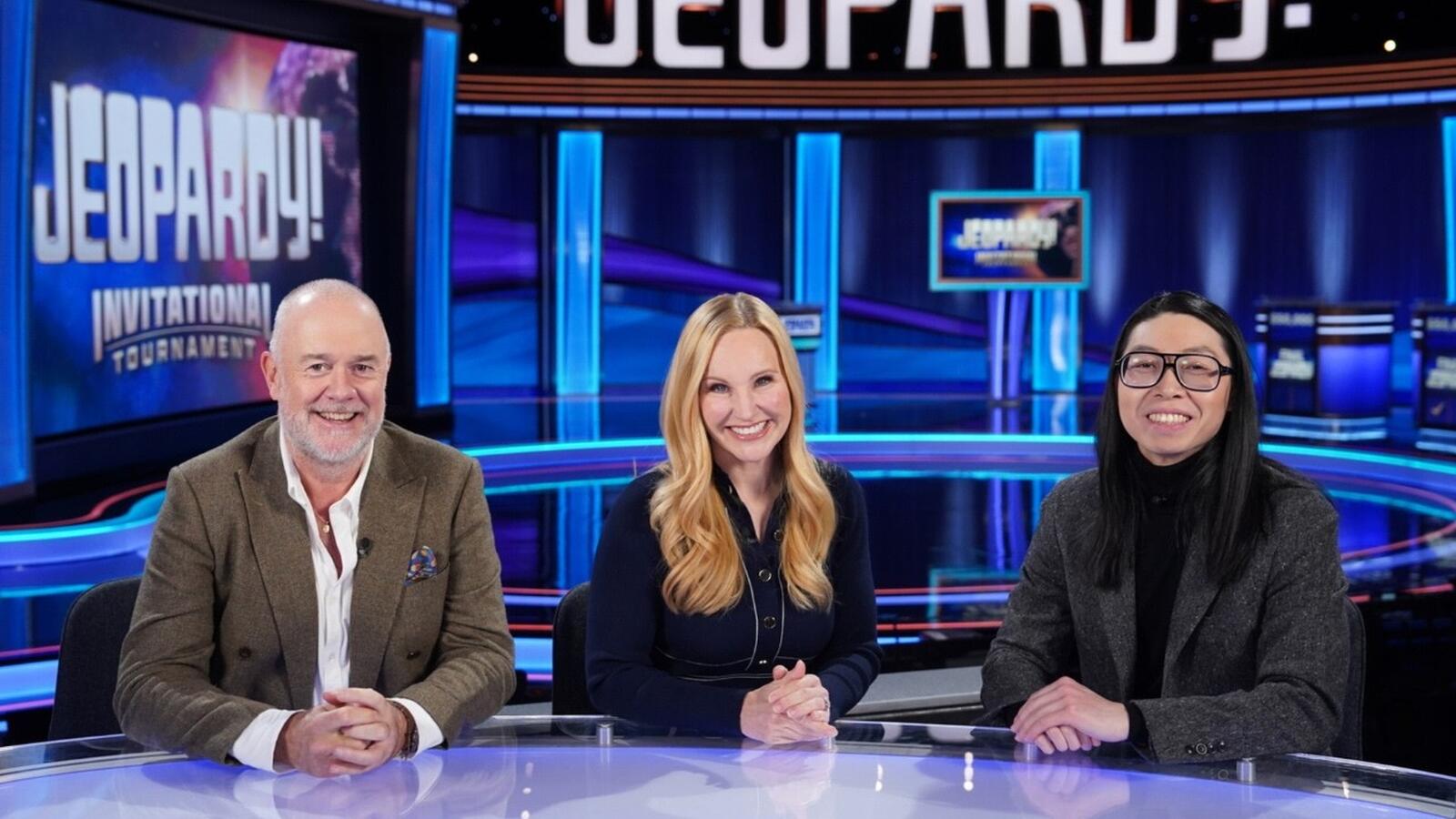 Micheal Davies, Sarah Whitcomb Foss and Andrew He on the Set of Jeopardy!