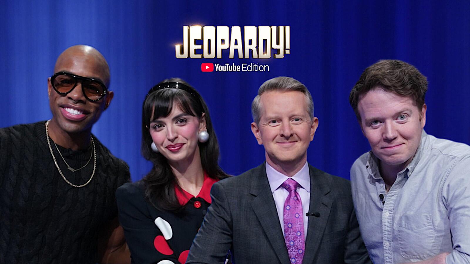 Monét X Change, Rebecca Black, Brennan Lee Mulligan and Ken Jennings on the set of Jeopardy! YouTube Edition