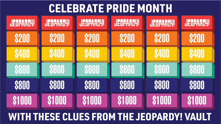 A Pride Month quiz featuring Jeopardy! clues.