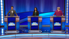 Contestants Yungsheng Wang, Jen Alfonso-Punzalan, and Alicia O’Hare on the set of Jeopardy!