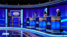 Ken Jennings and 2022 Tournament of Champions contestants Zach Newkirk, Jessica Stephens, and Sam Buttrey.